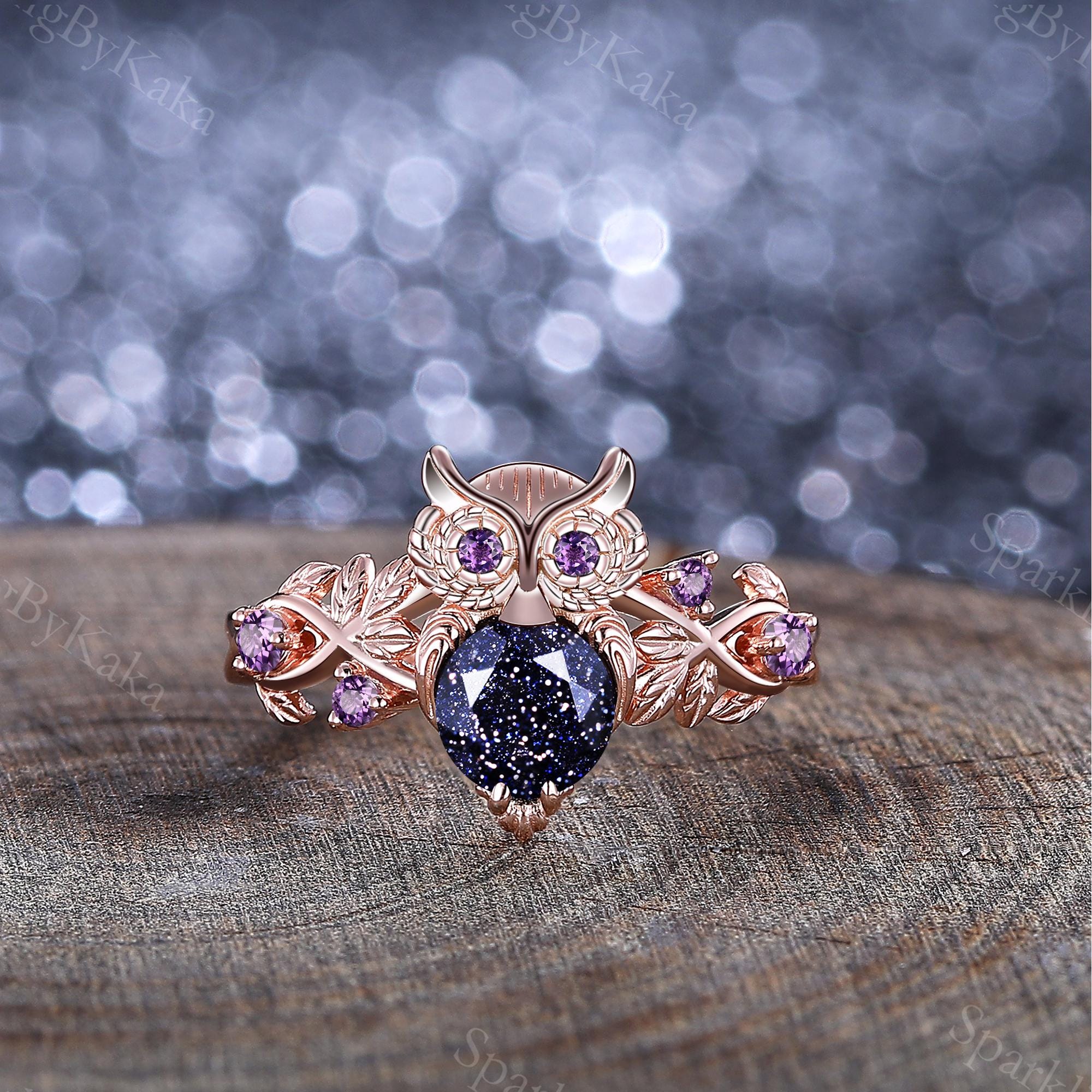 Owl Branch Rose Gold Ring, Blue Sandstone & Amethyst Engagement Ring