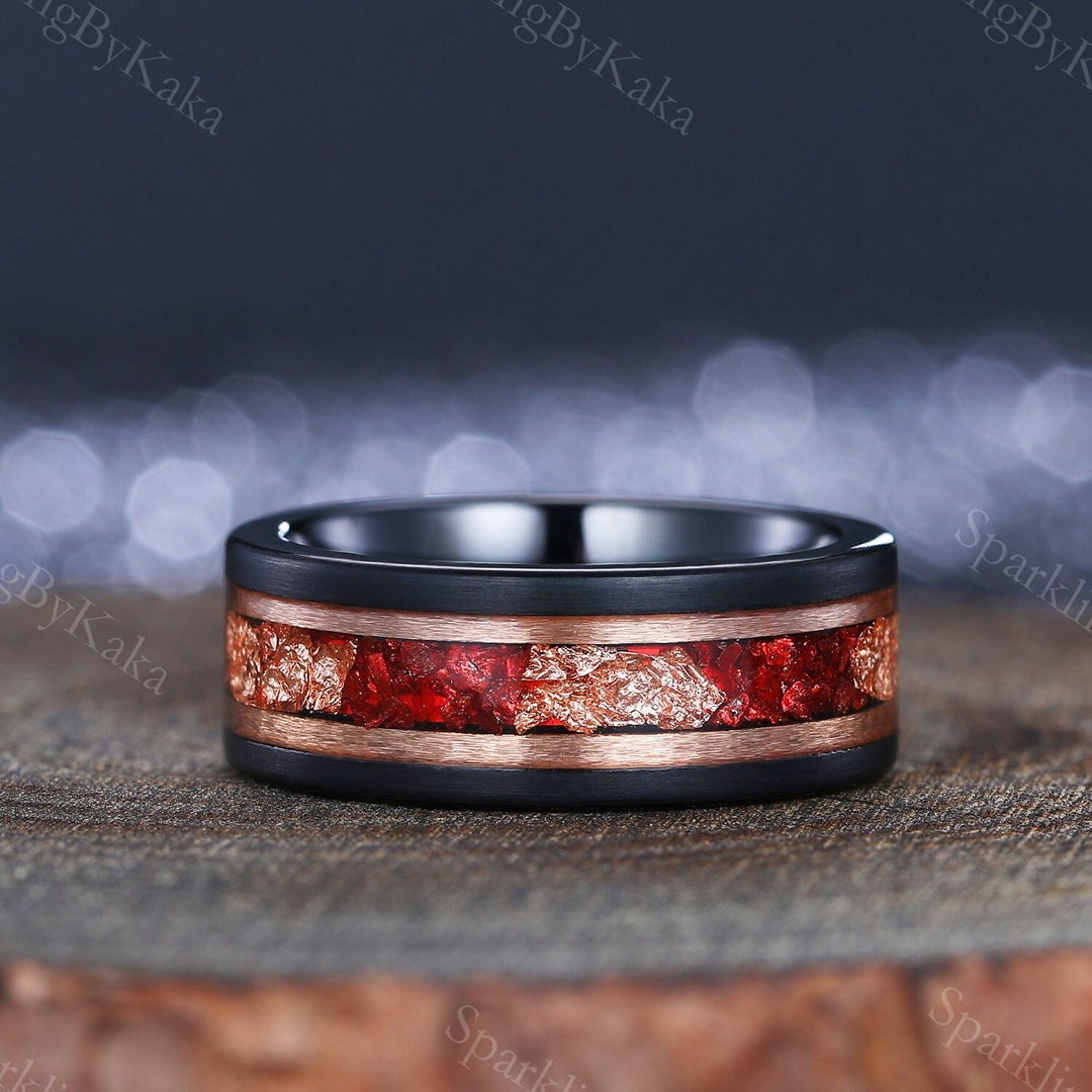 Handmade Tungsten Men's Ring, Crushed Ruby & Rose Gold Inlay - Etsy