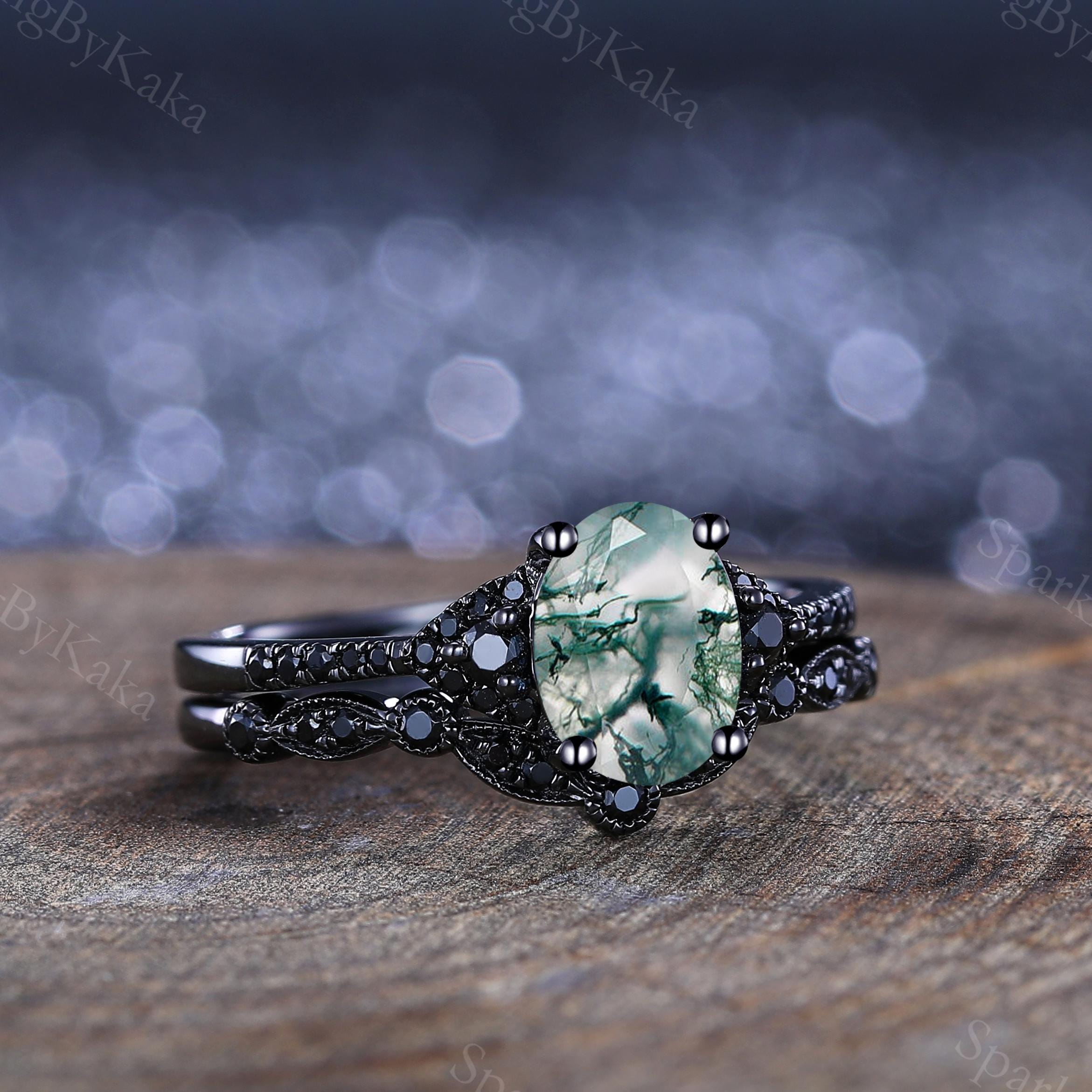 Gothic Moss Agate Engagement Ring Set, Black Spinel Sterling