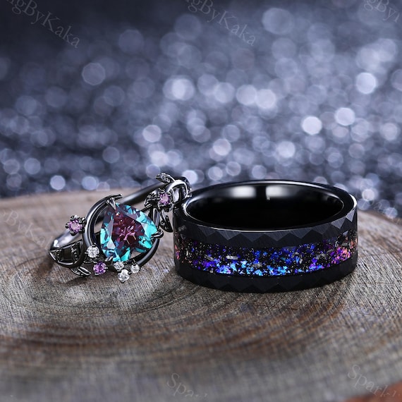 Alexandrite Couple Ring Set, Fire Opal Tungsten Wedding Bands - Etsy