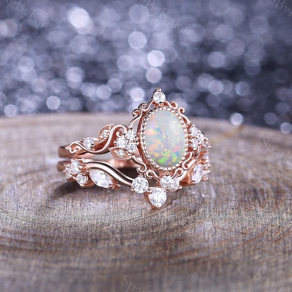 Unique Oval Opal Engagement Ring Set Women Fire Opal Bridal