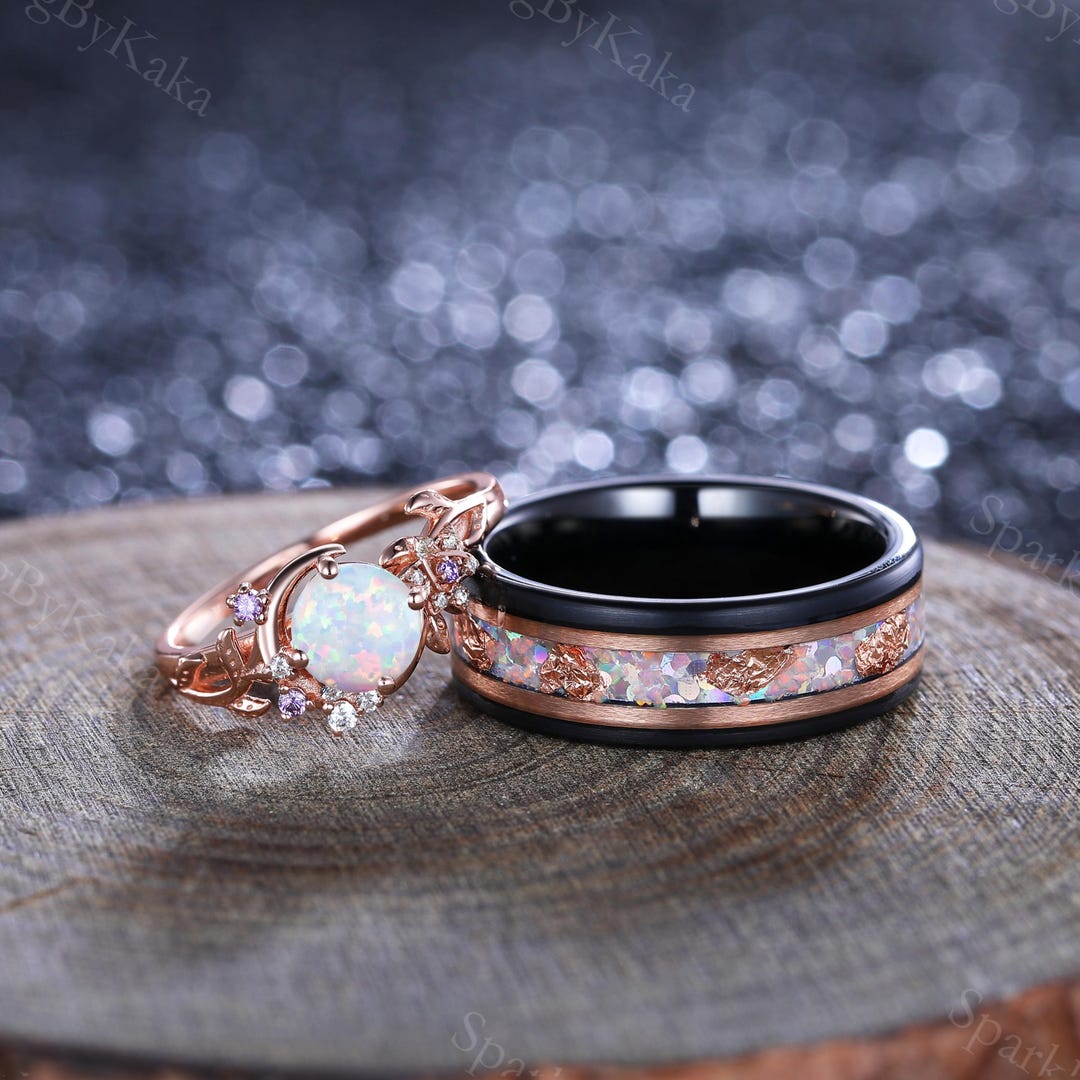 Matching Opsite Rings Opal Couple Ring Set: Crescent Moon, Amethyst, Tungsten Wedding Bands ...
