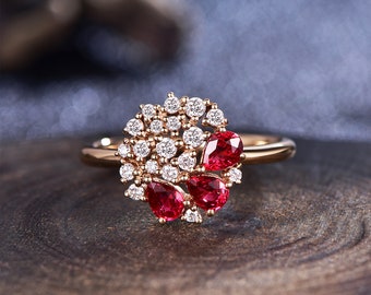 Pear Ruby Ring, Gold Cluster Ring, Diamond Accent