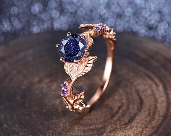 Vintage Blue Sandstone Engagement Ring Sterling Silver Flower Solitaire