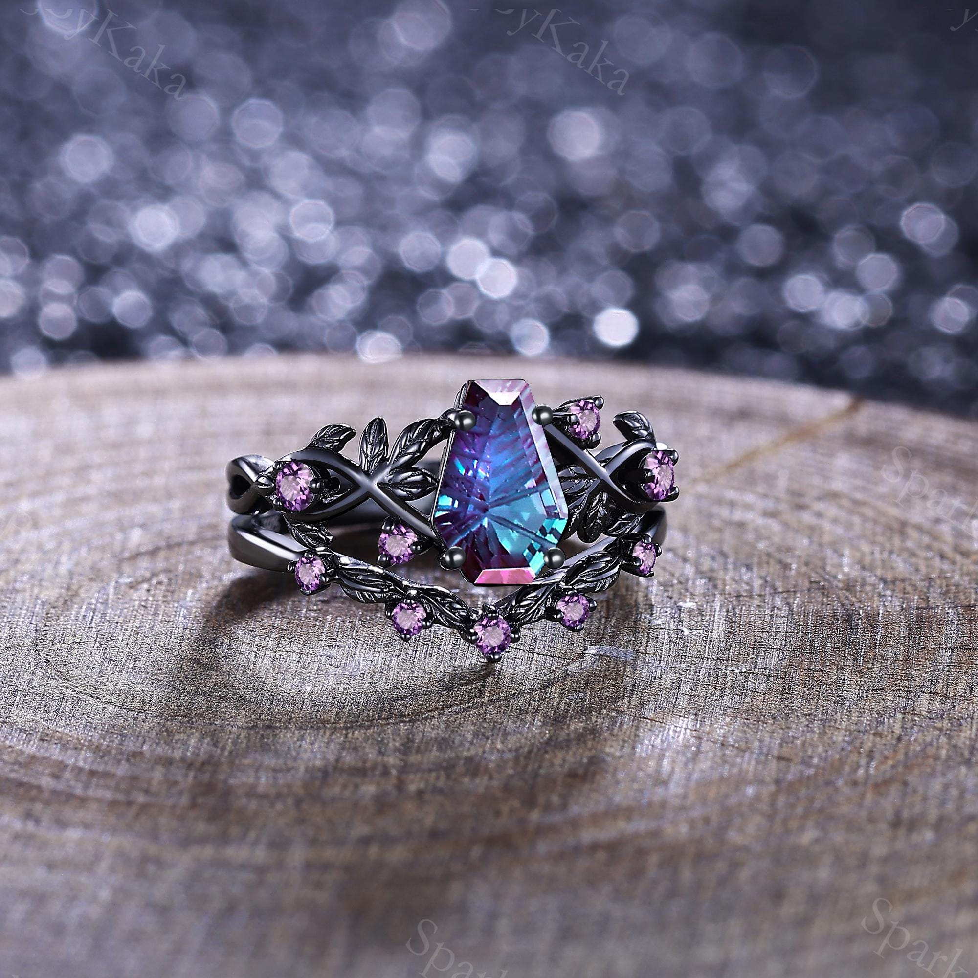 Fireworks Alexandrite Engagement Ring Set Unique Leaf Design