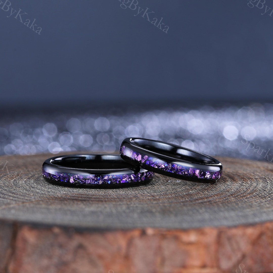Tungsten Couple Rings: Crushed Amethyst Inlay, Matching Wedding Bands ...