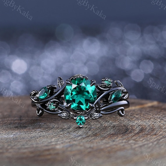 Unique Round Emerald Engagement Ring Set Crescent Moon Ring Leaf Design  Black Gold Cluster Ring Anniversary Gifts Women Bridal Promise Ring
