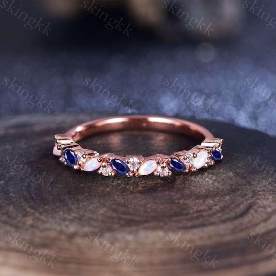 Marquise Sapphire Wedding Band Vintage Sapphire Ring Rose Gold