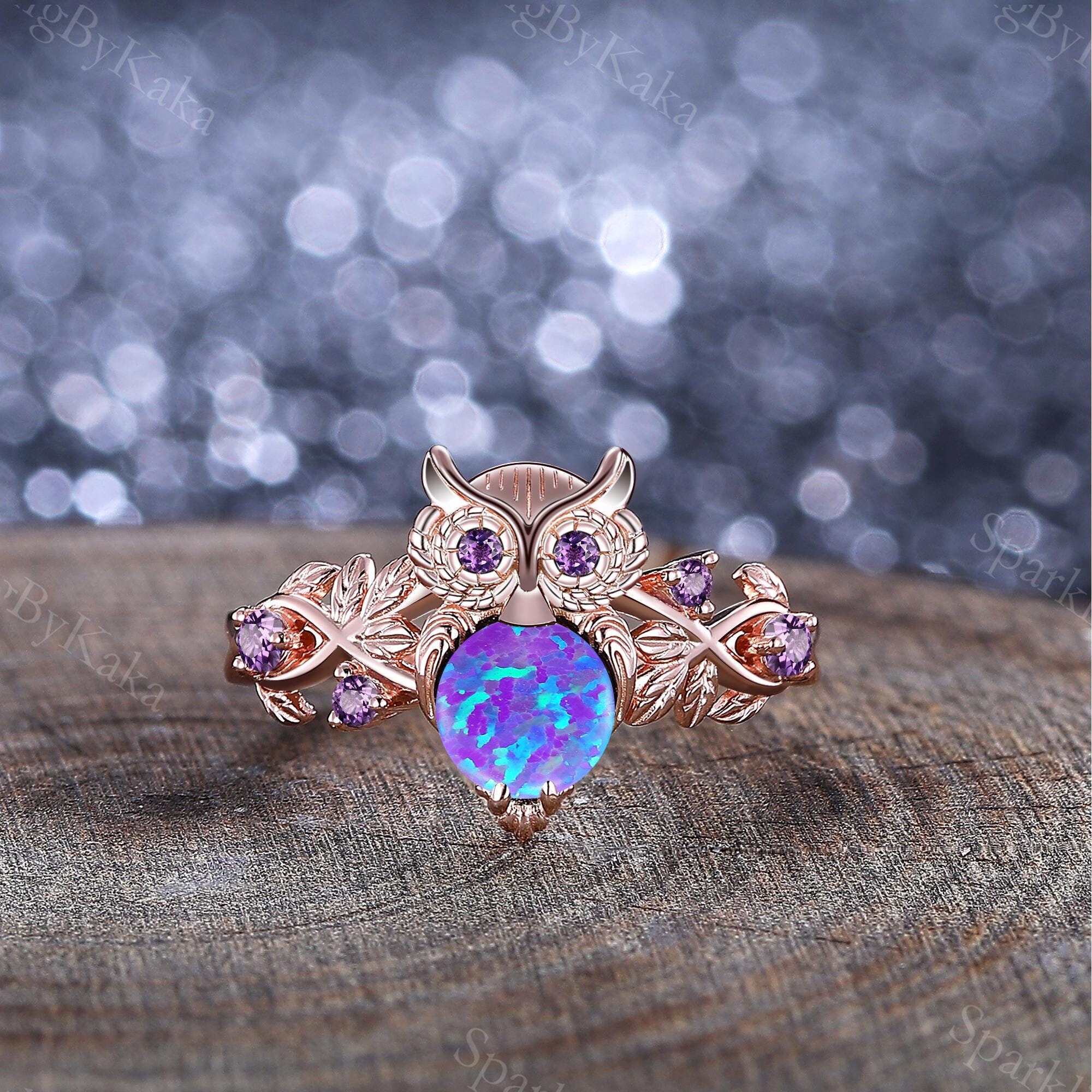 Round Lavender Opal Engagement Ring Unique Owl Branch Design Rose Gold Amethyst Cluster Ring Bridal 