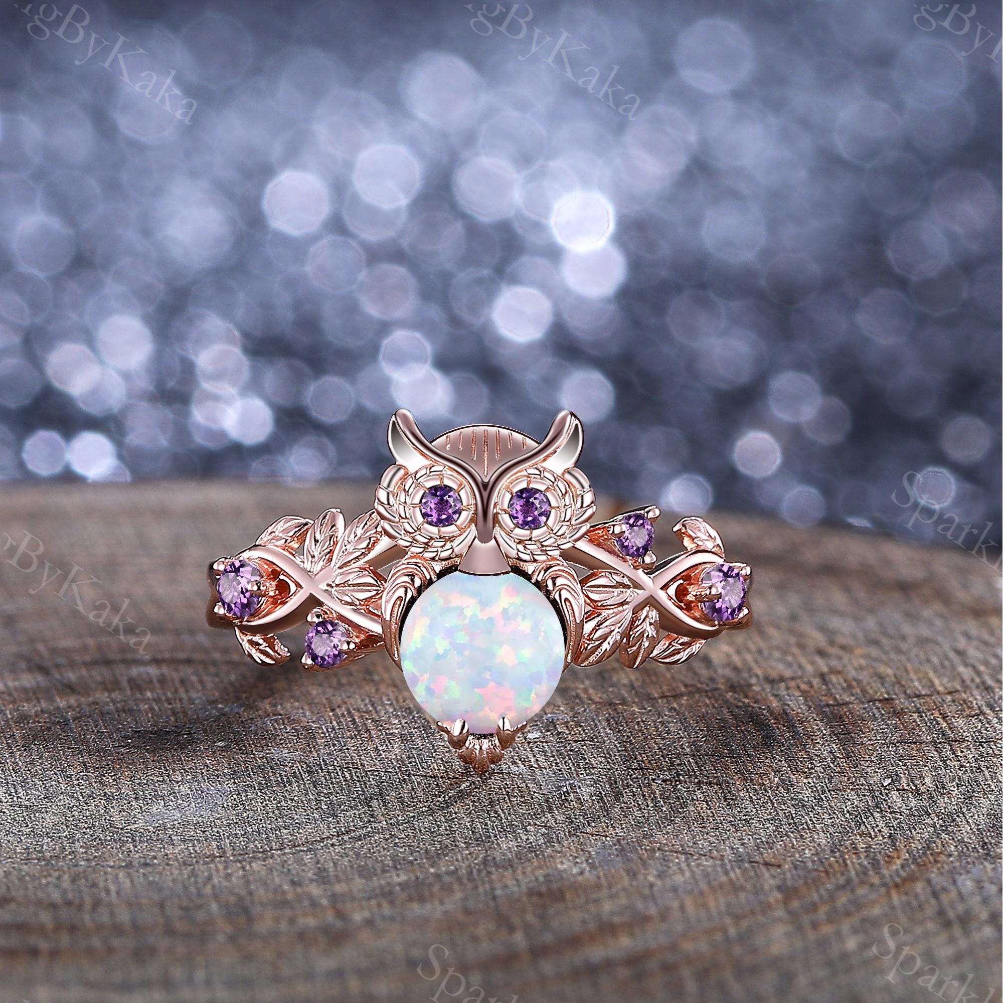 Rose Gold Owl Ring, White Opal & Amethyst, Nature Engagement Ring