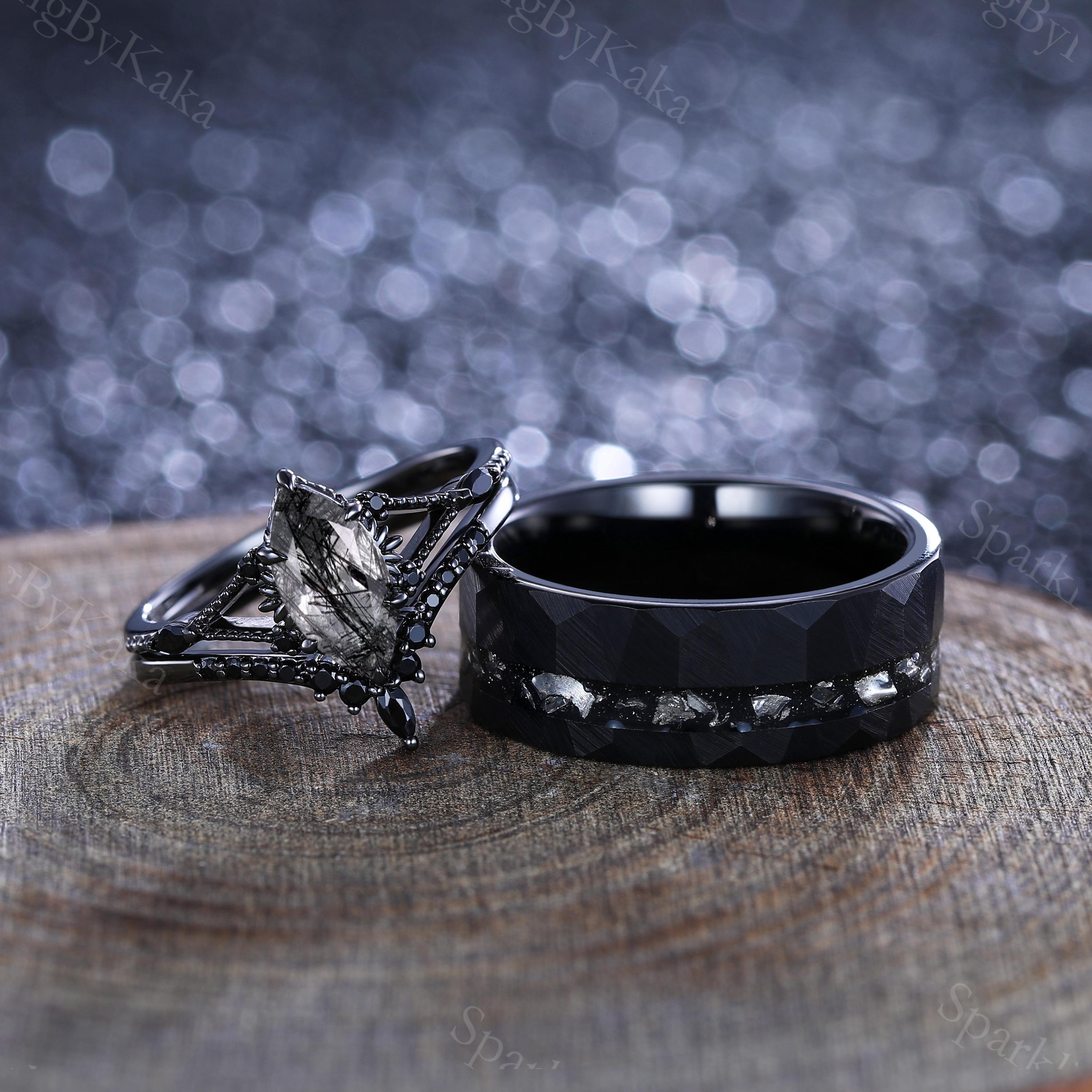 Black Rutilated Quartz Marquise Ring Set, Gothic Tungsten Wedding
