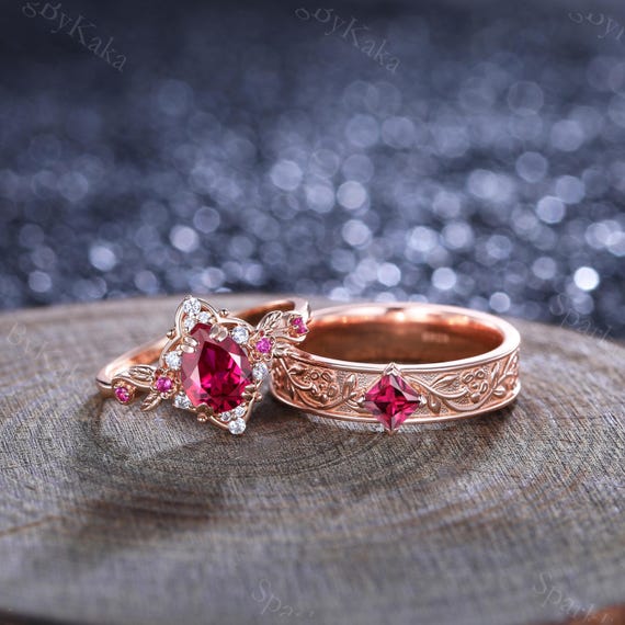 Anillo de pareja de rubí para hombre y mujer, anillo de boda a