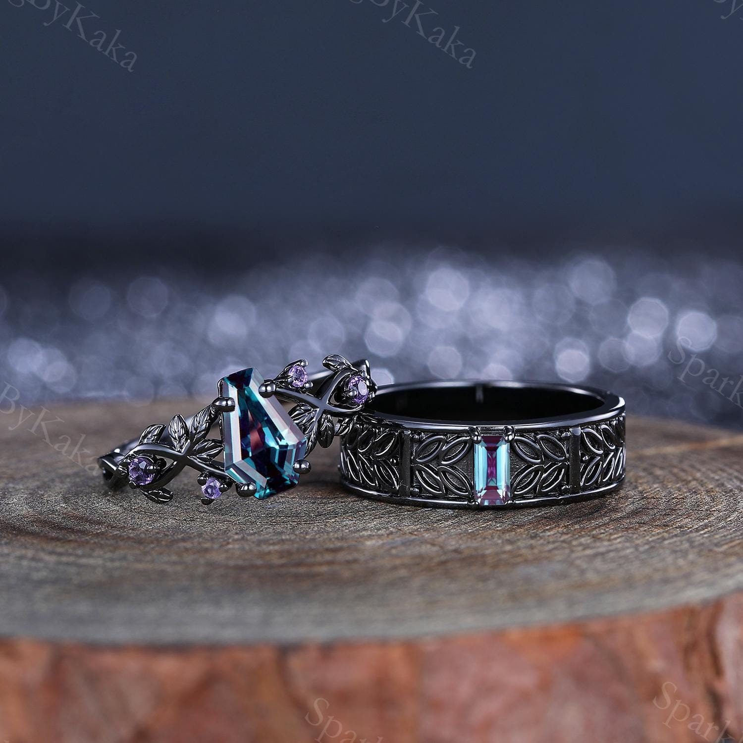 Alexandrite Coffin Cut Couple Rings Set, Sterling Silver Wedding