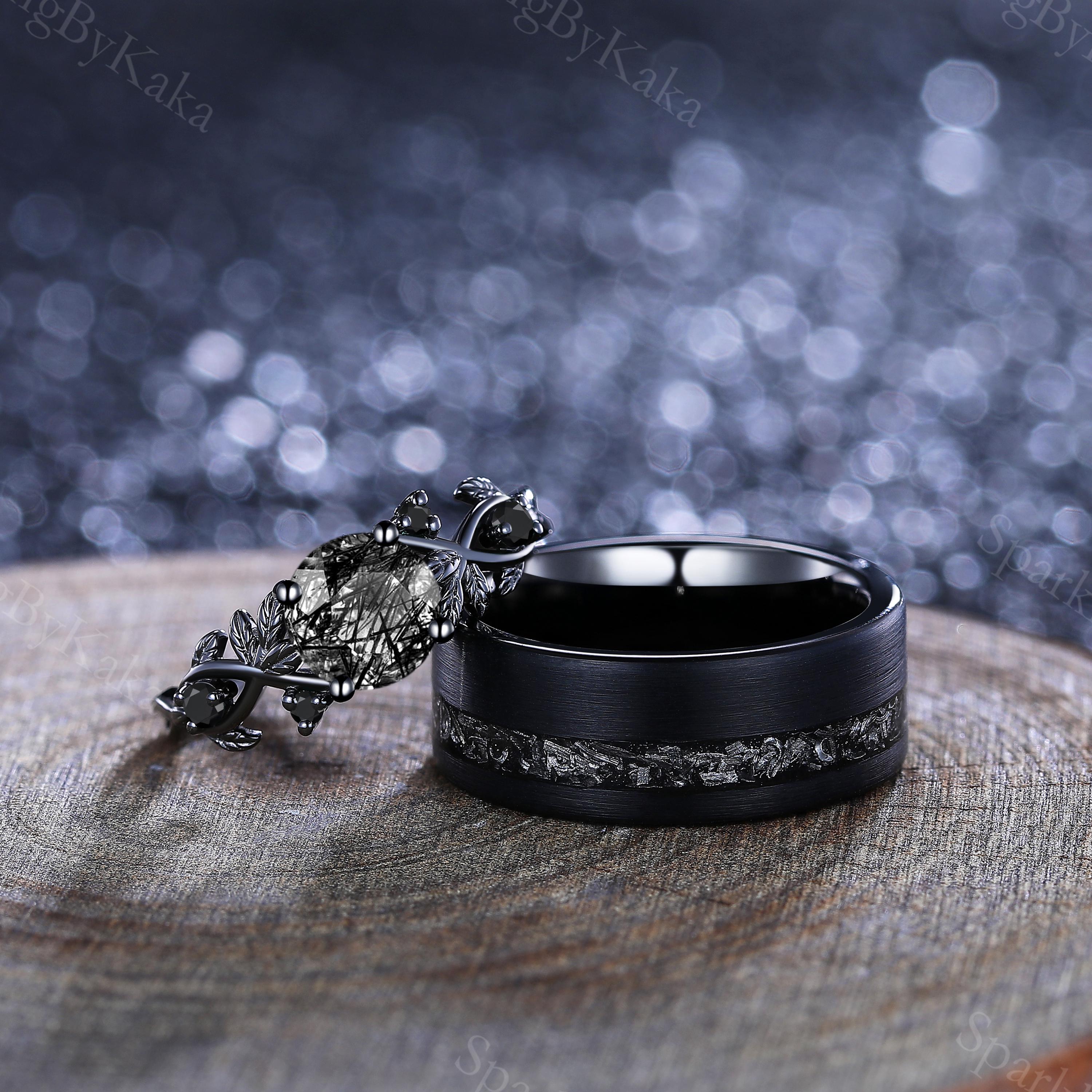 Black Rutilated Quartz Couple Ring Set, Black Vermeil Leaf Design 