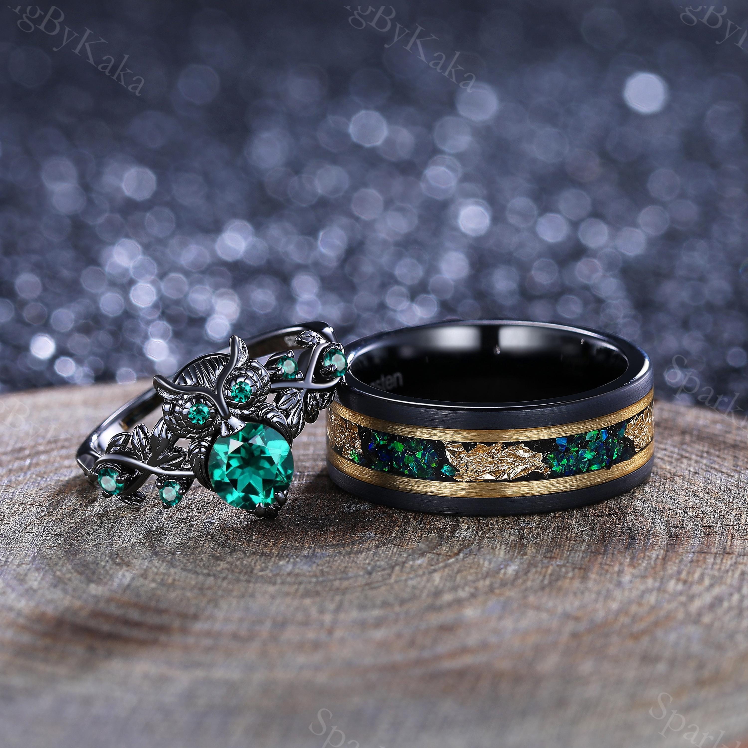 Emerald Owl Ring Set, Gothic Branch Design, Tungsten Wedding Band