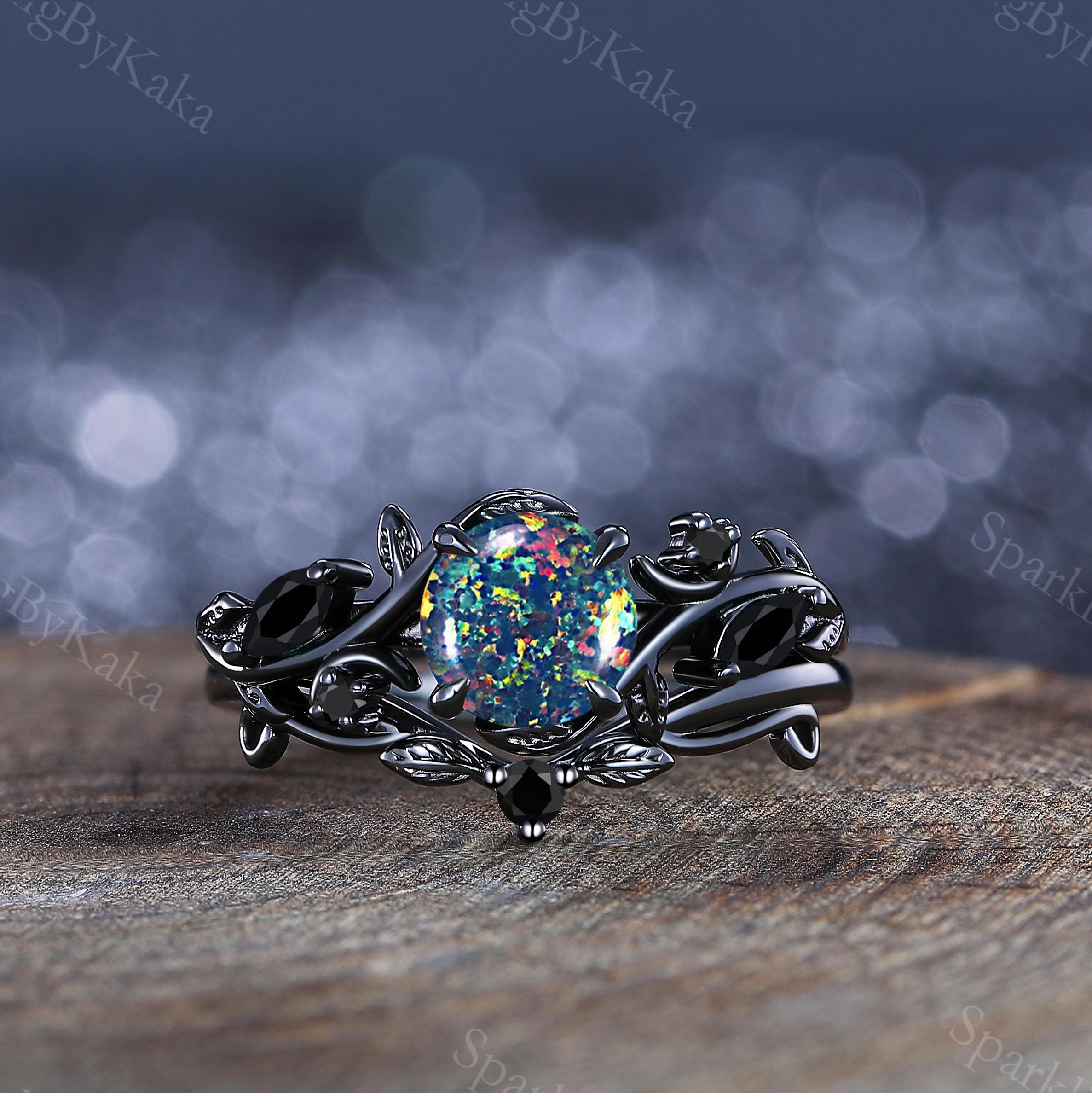 Unique Black Fire Opal Engagement Ring Set Crescent Moon Ring Leaf