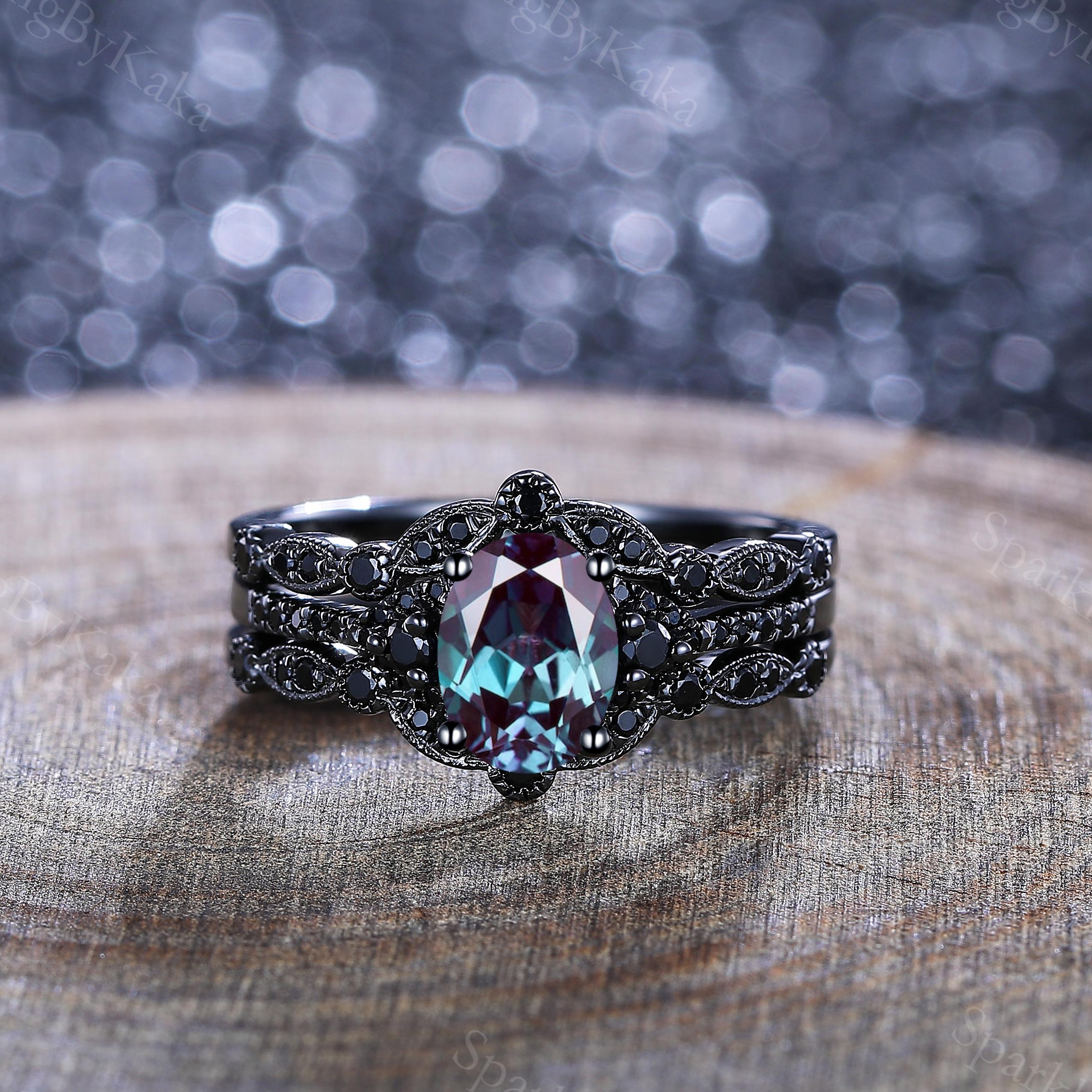Gothic Alexandrite Engagement Ring Set, Black Onyx Sterling Silver