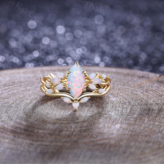 Vintage Marquise Opal Engagement Ring Set Wedding Ring Set Nature