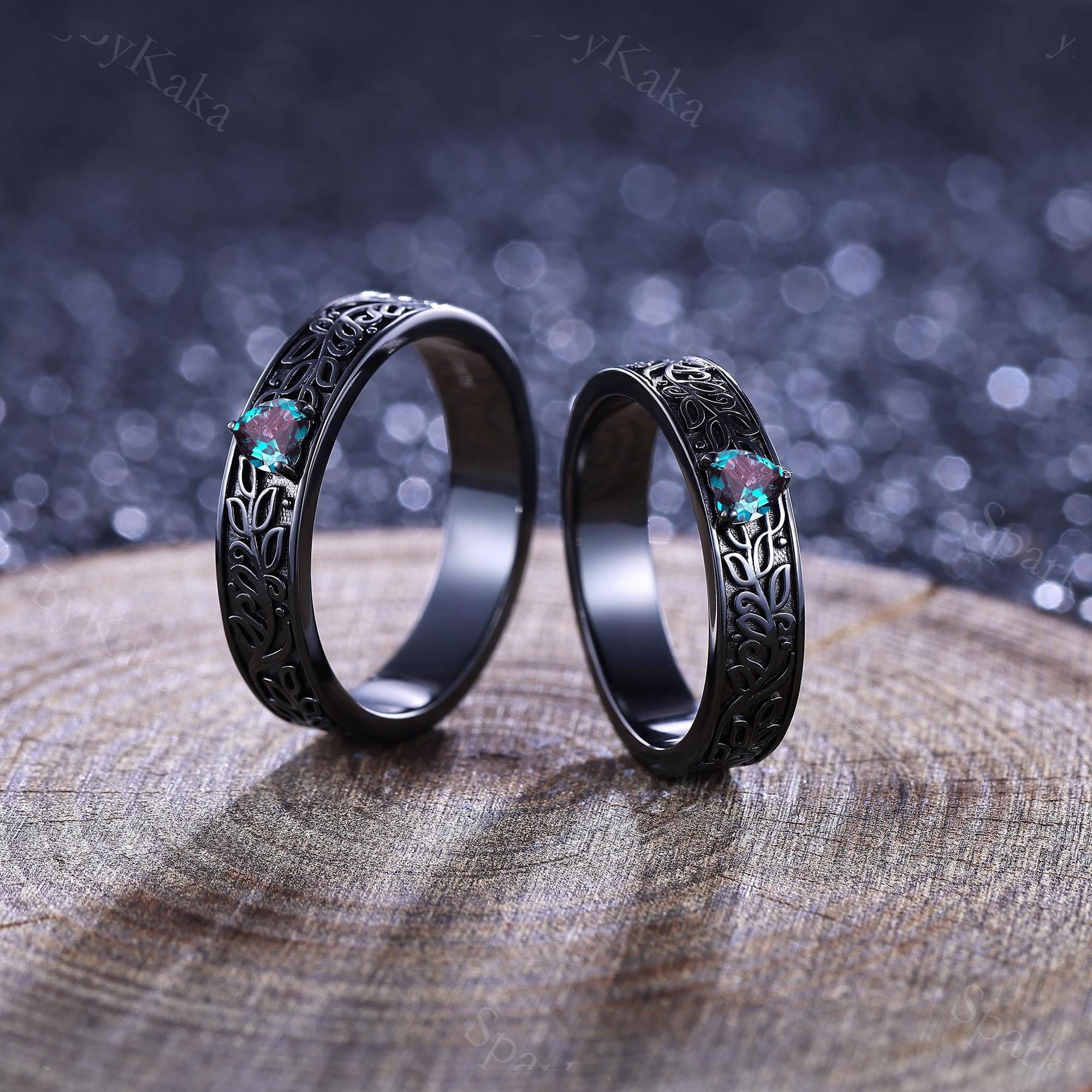 Alexandrite Couple Ring Set: Heart, Leaf Vine Design, Matching
