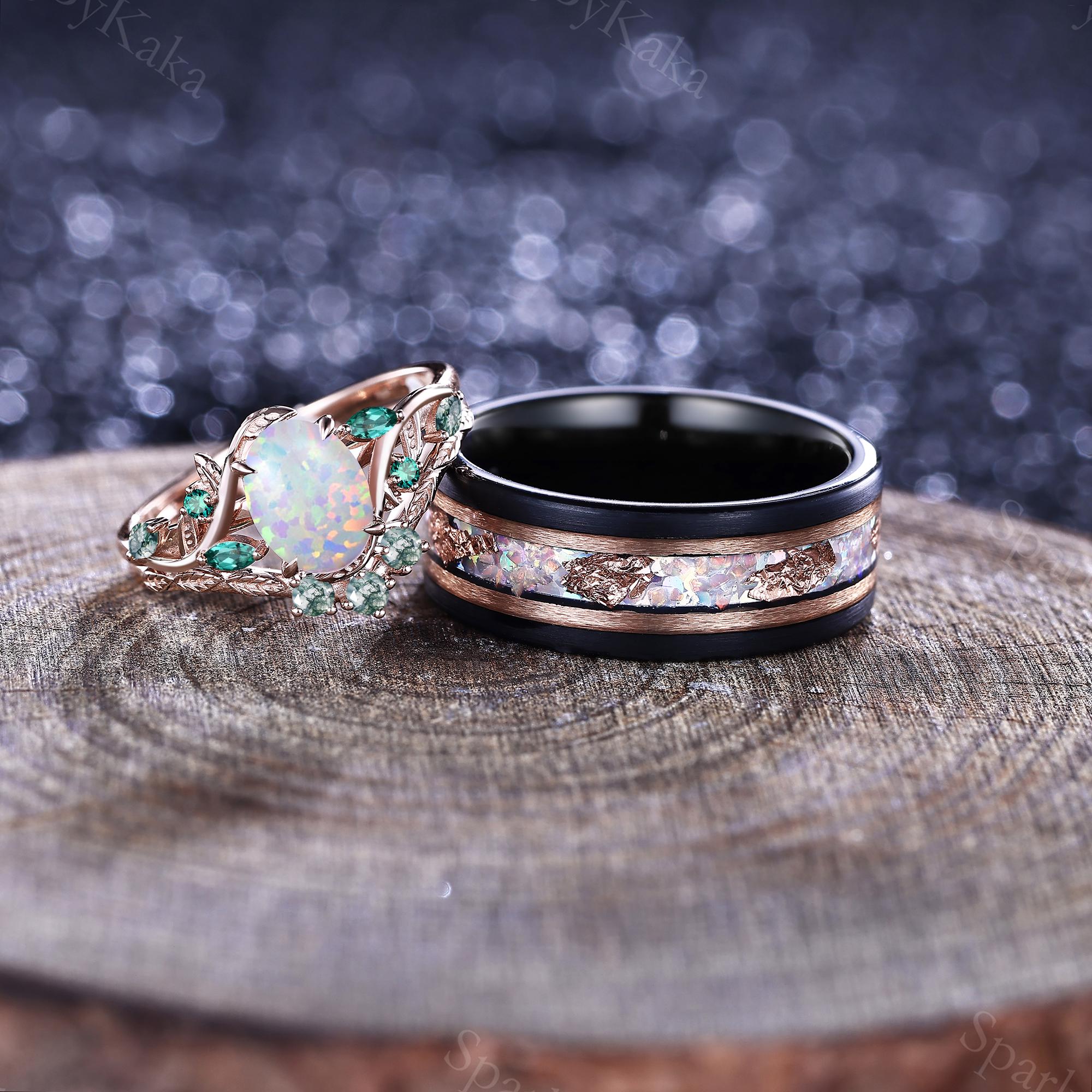 Unique Opal Engagement Ring Set His&her Matching Wedding Ring
