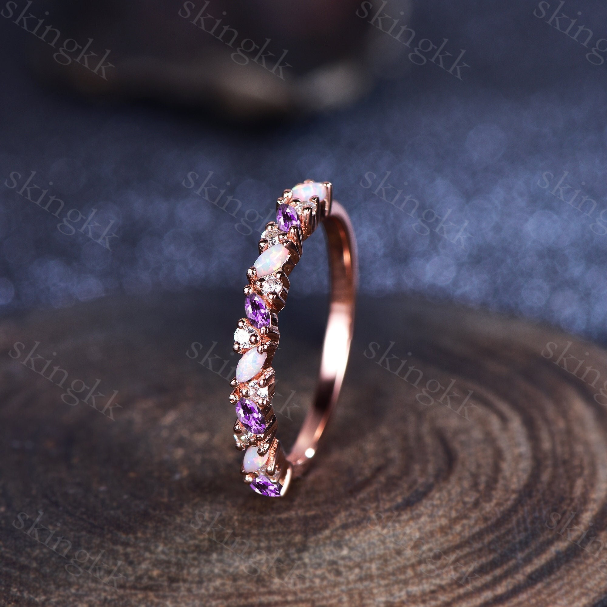 マーキスアメジスト結婚指輪、ヴィンテージモアッサナイトリング