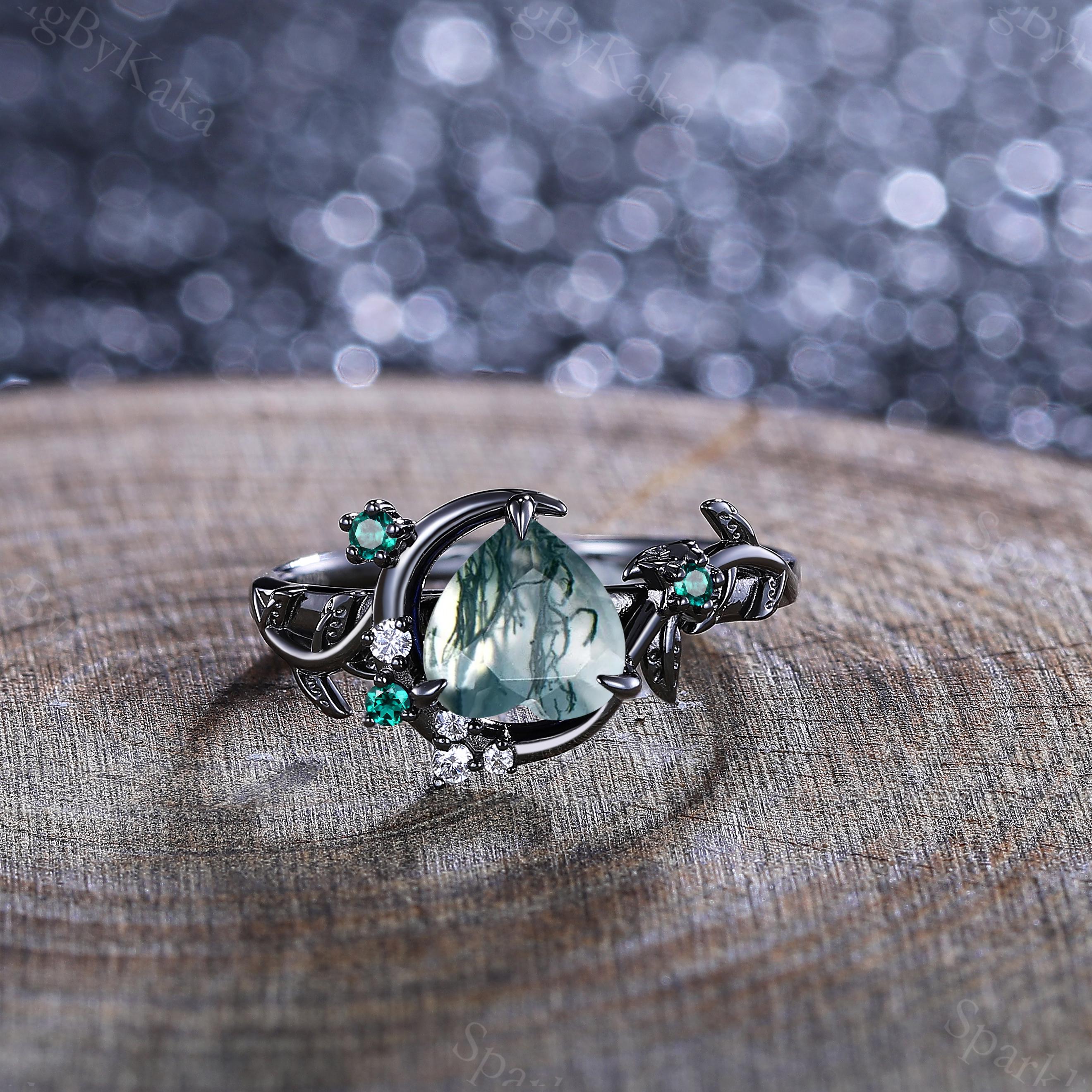 Moss Agate Couple Ring Set: Crescent Moon Emerald Bridal Ring