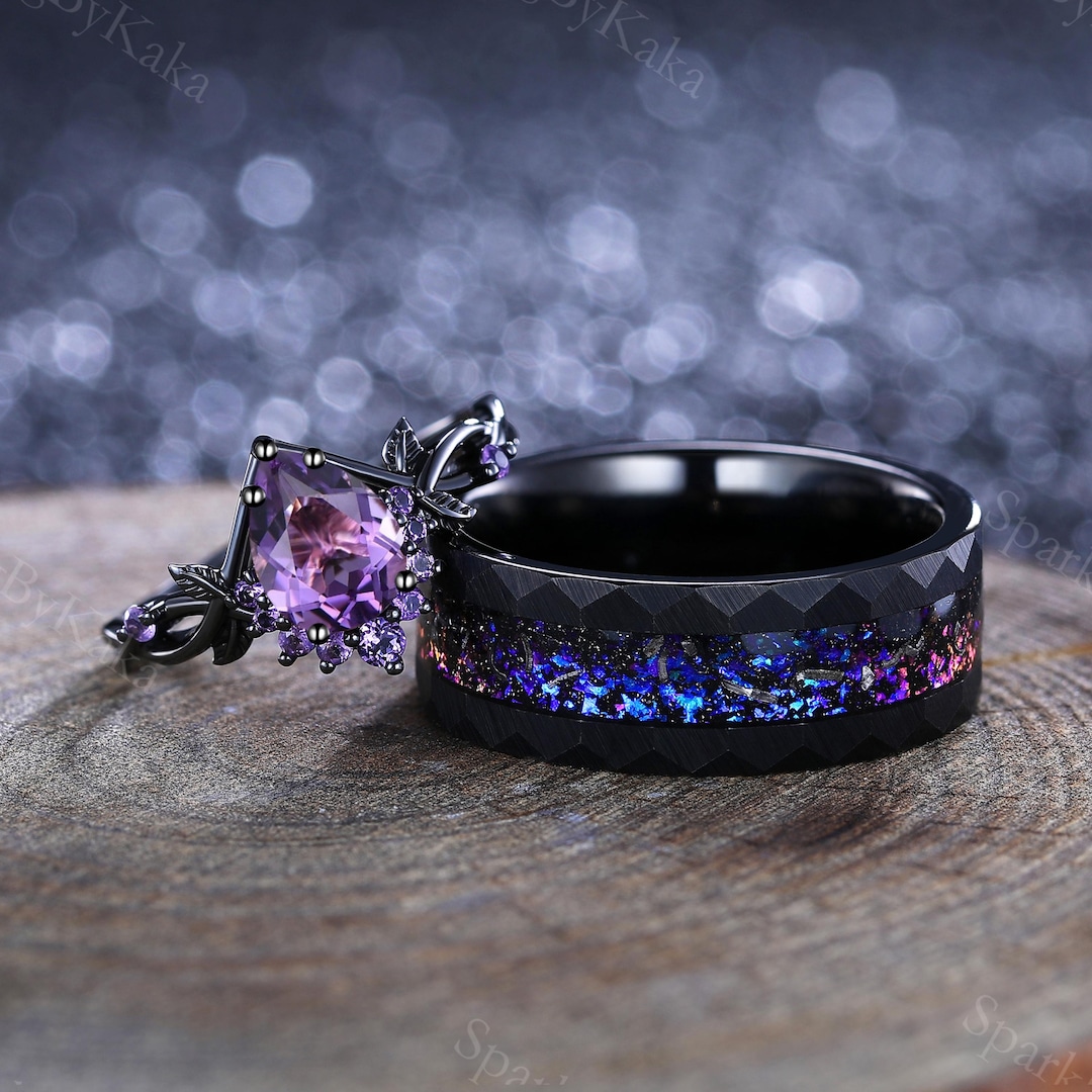 Handmade Pear Amethyst Engagement Ring Set: 14K Black Gold Leaf