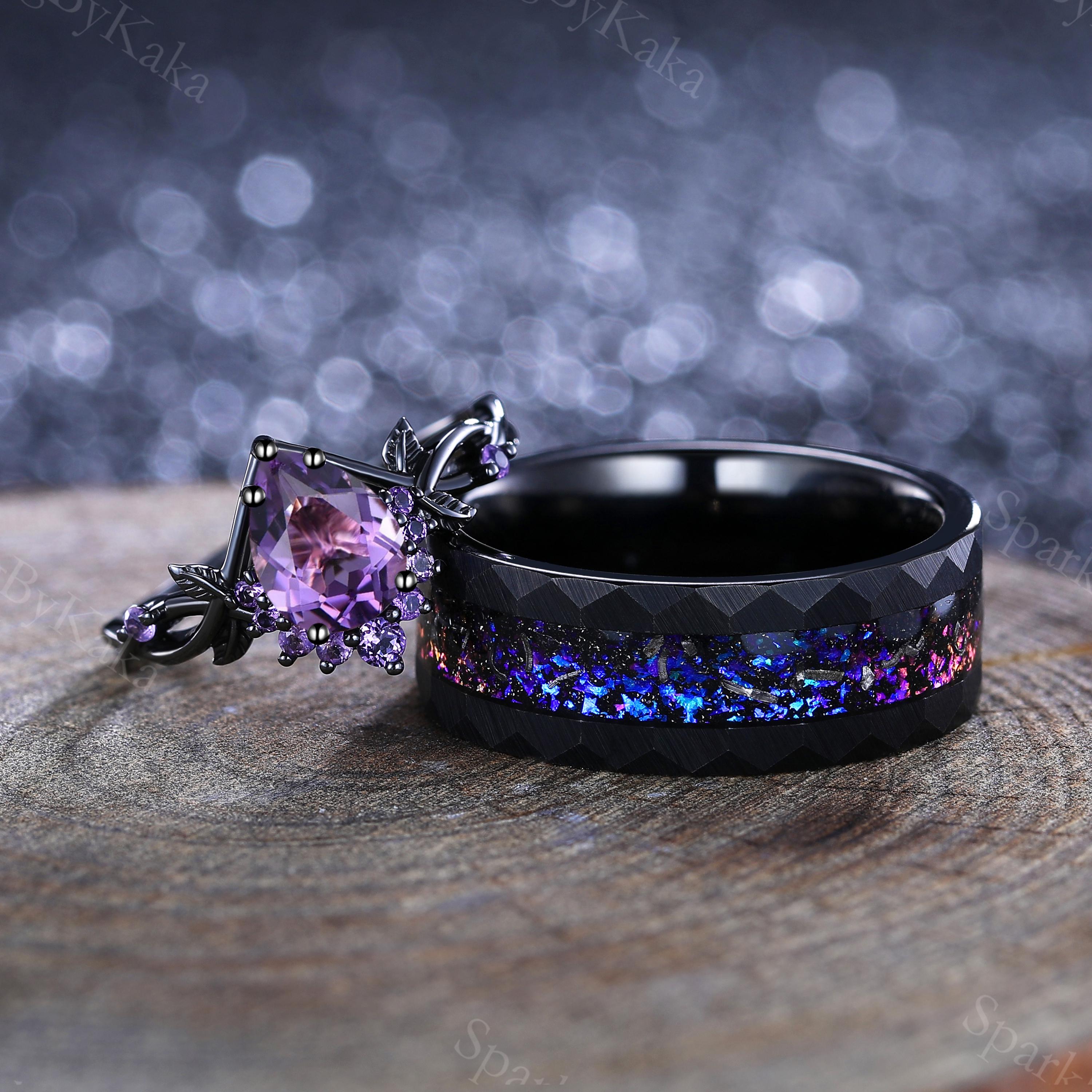 Handmade Pear Amethyst Engagement Ring Set: 14K Black Gold Leaf