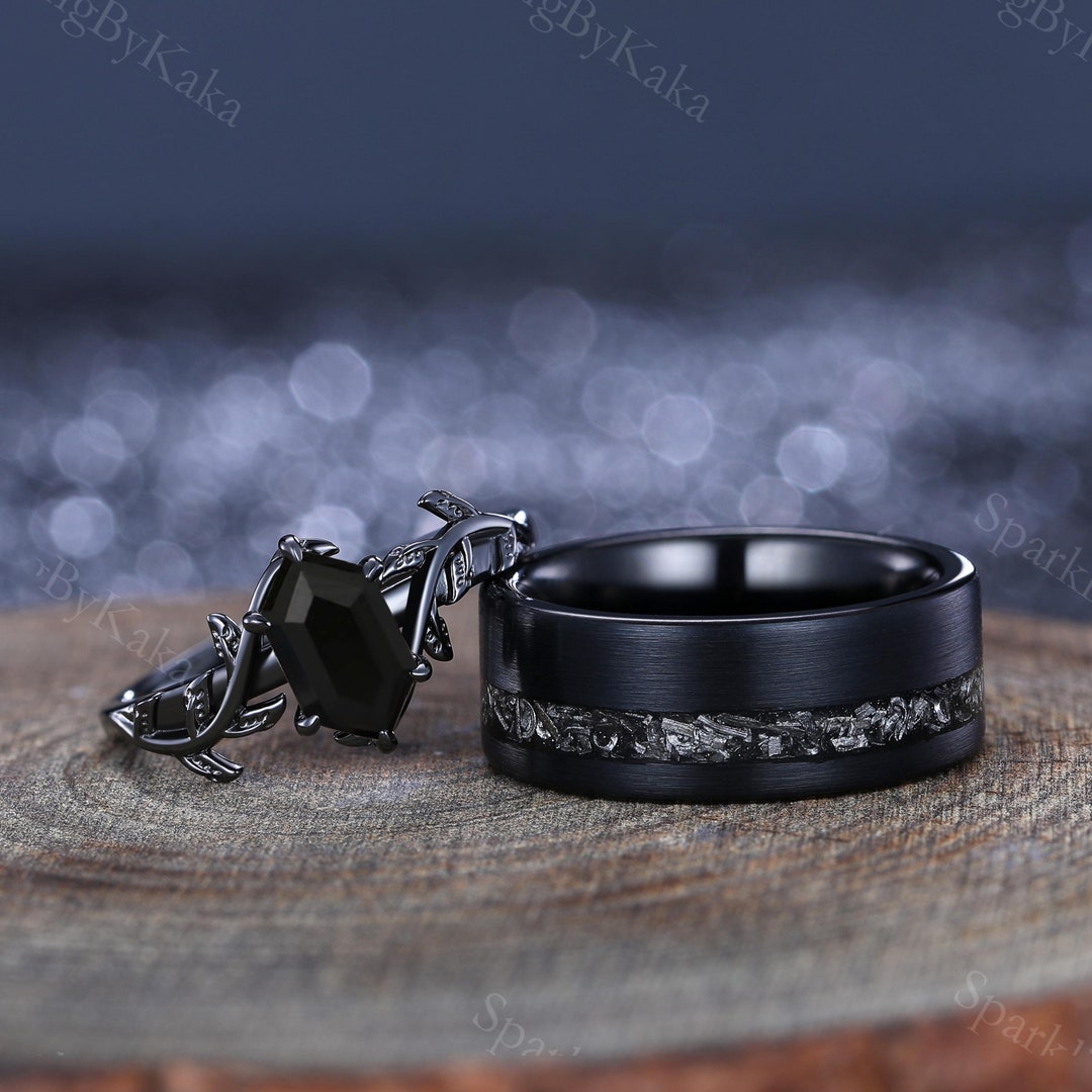 Hexagon Black Onyx Ring Set: Vine Leaf & Tungsten Carbide Rings - Etsy