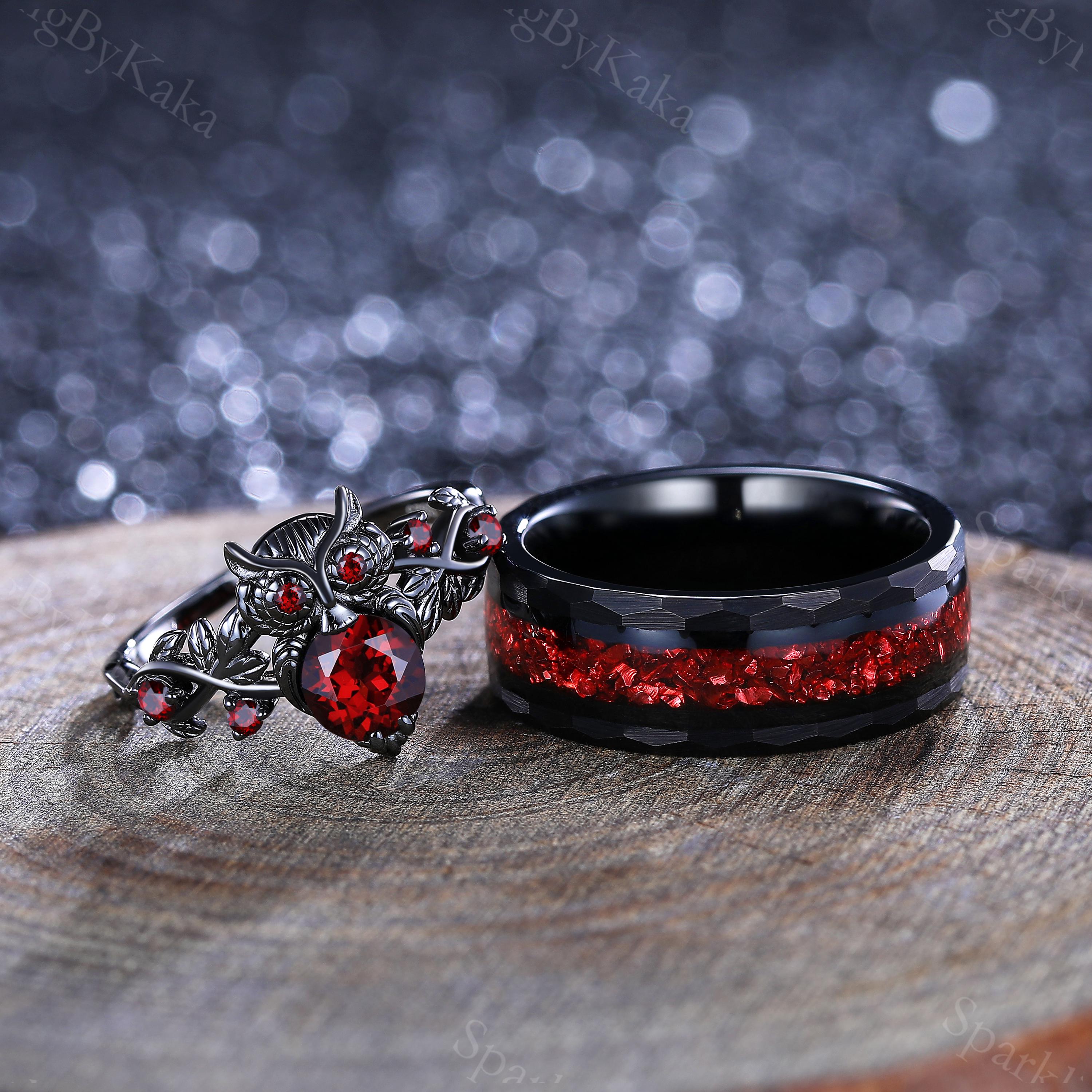 Garnet Couple Ring Set: Gothic Owl & Tungsten Matching Bands - Etsy
