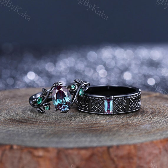 Anillos de pareja a juego de alejandrita, conjunto de anillos de