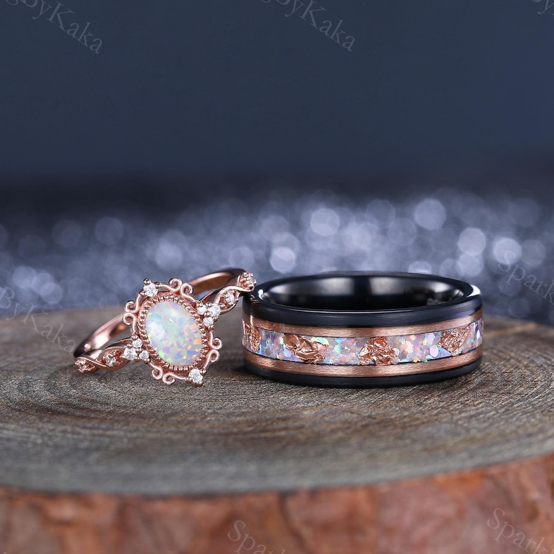 Matching Opsite Rings Oval White Opal Couples Ring Set His&hers Matching Wedding Band Unique ...