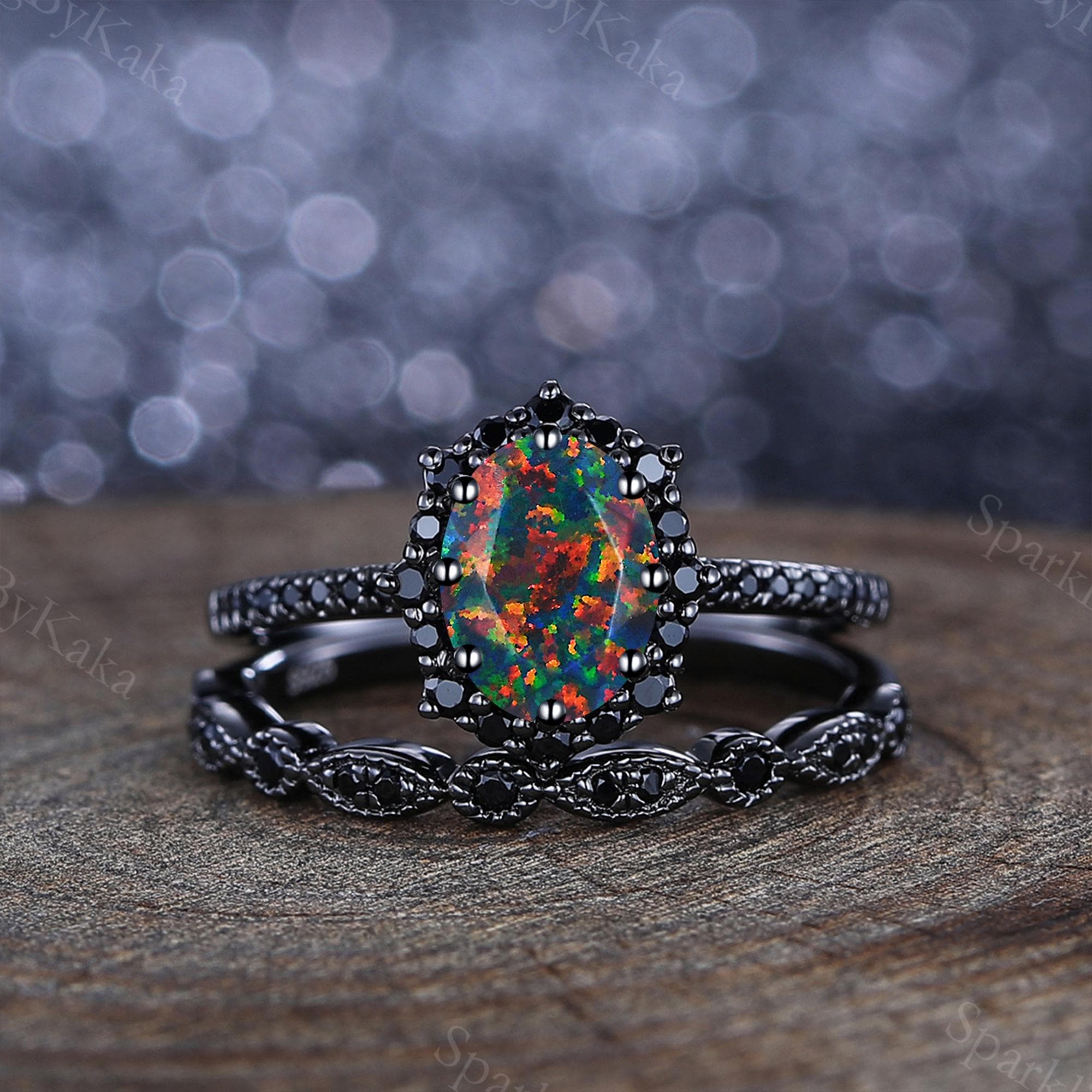 アスティエ　クリスマスオーナメント　ENGAGEMENT RING BLACK Gothic Black Fire Opal Engagement Ring Set, 14K Black Gold Bridal