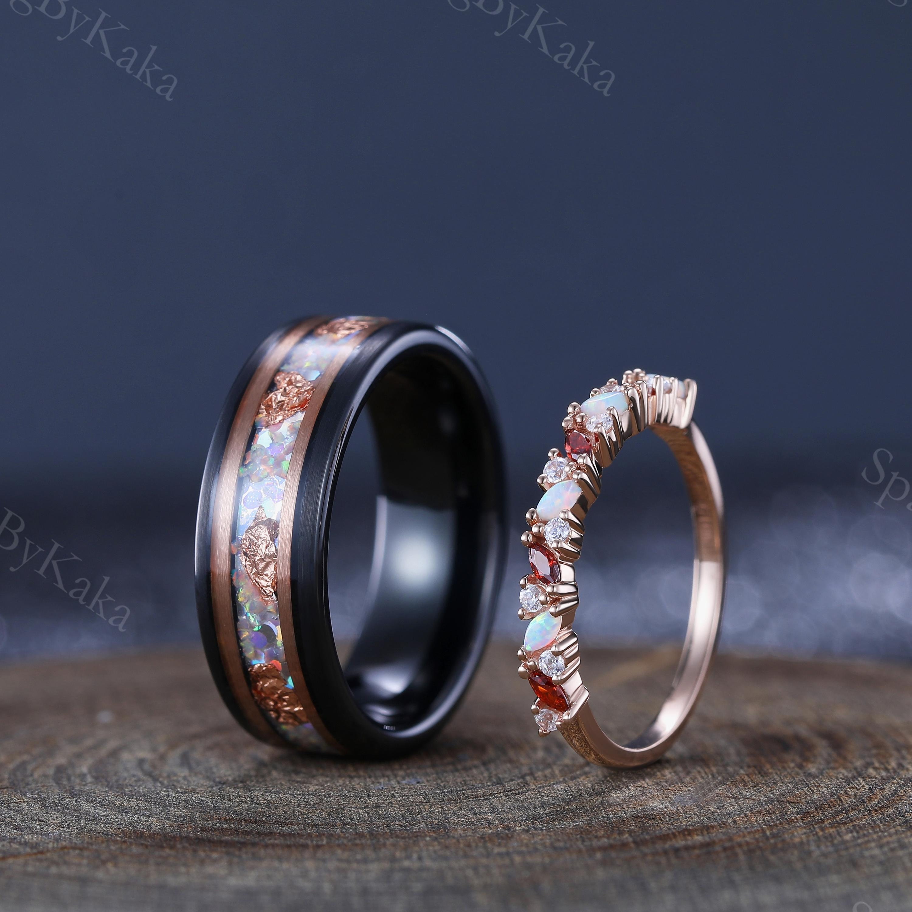 Marquise Garnet Opal Stacking Ring Set, Tungsten Wedding Band - Etsy