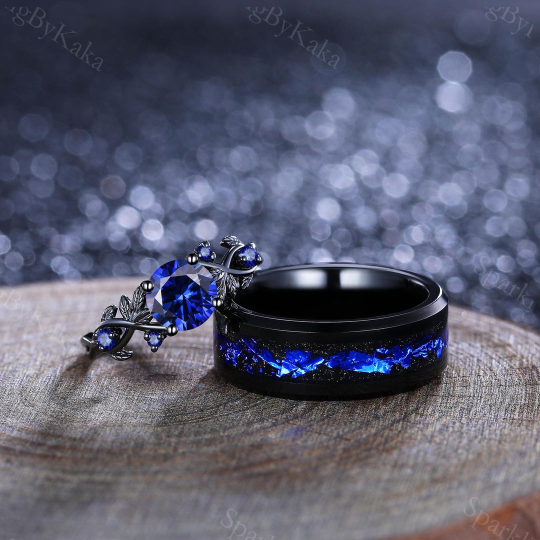 DUPPIES(50DUPPIES) 指輪セット Blue Sapphire Couple Ring Set: Tungsten Men's Band, Twig Leaf