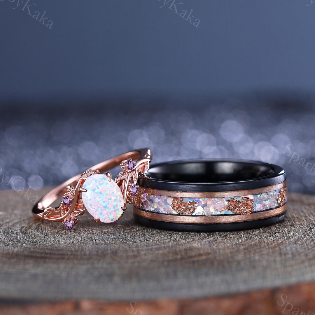 Matching Opsite Rings Handmade Opal Couple Ring Set, His & Hers Tungsten Wedding Band - Etsy