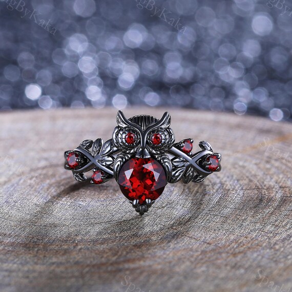 Garnet Couple Ring Set: Gothic Owl & Tungsten Matching Bands - Etsy