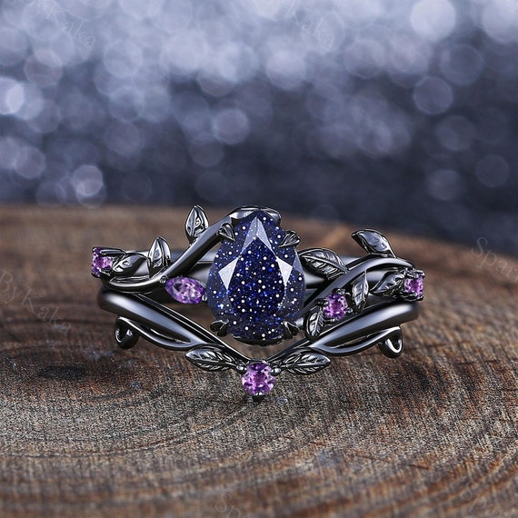 Blue Sandstone Engagement Ring Set, Leaf Design Amethyst Ring - Etsy