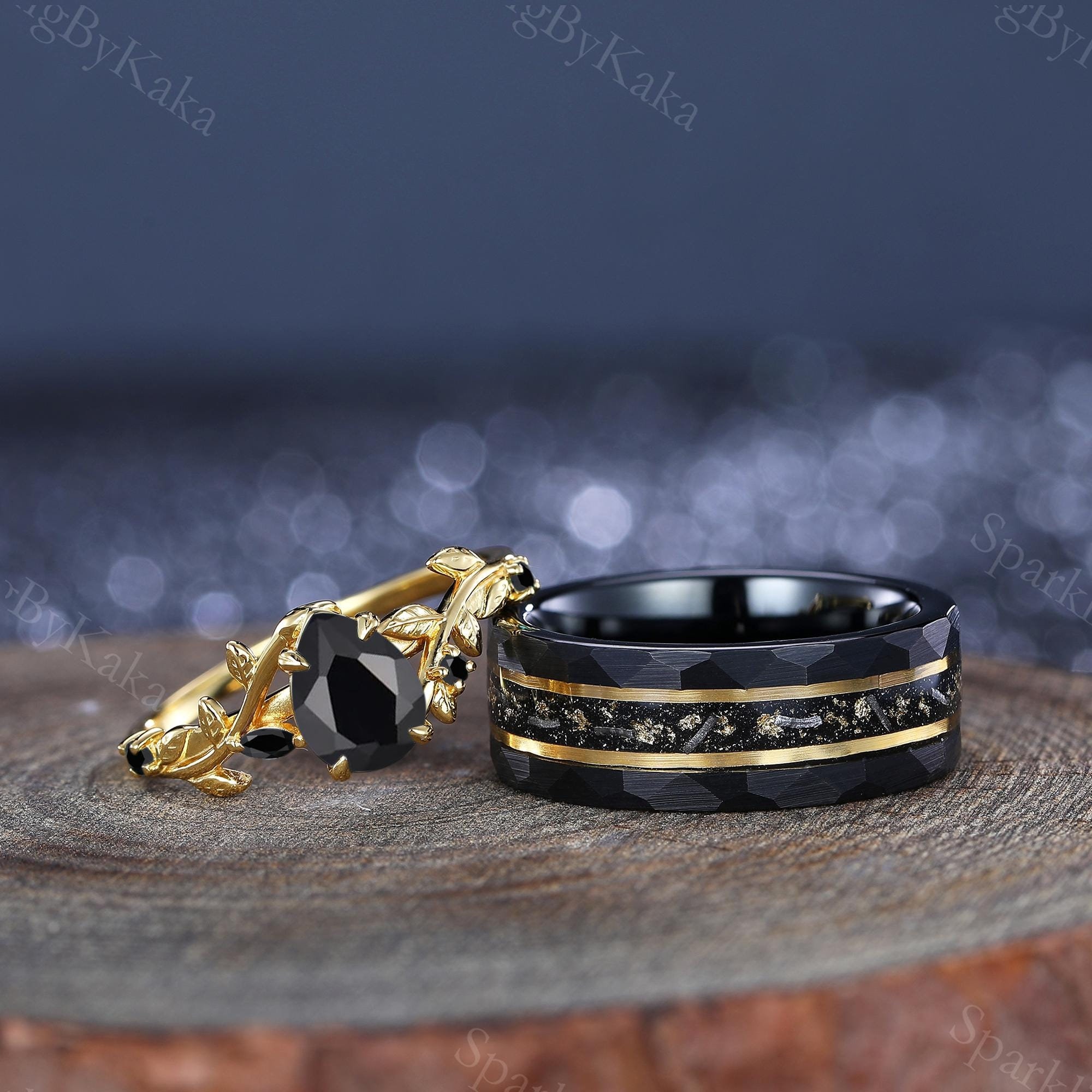 Gothic Black Onyx Couple Ring Set - Hammered Tungsten & Gold Leaf
