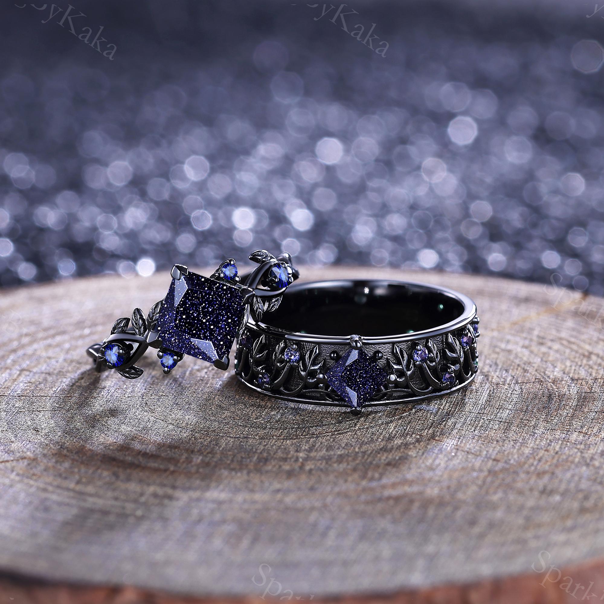 His & Hers Blue Sandstone Sterling Silver Wedding Ring Set: Leaf