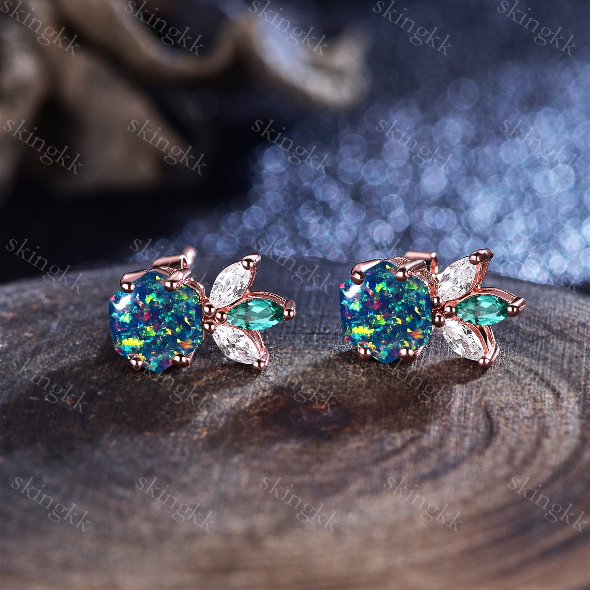 14Kゴールド 六角形 ブラックオパール スタッドピアス ハンドメイド