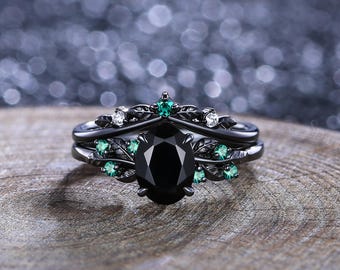 Black Onyx Engagement Ring Set, Emerald Leaf Sterling Silver