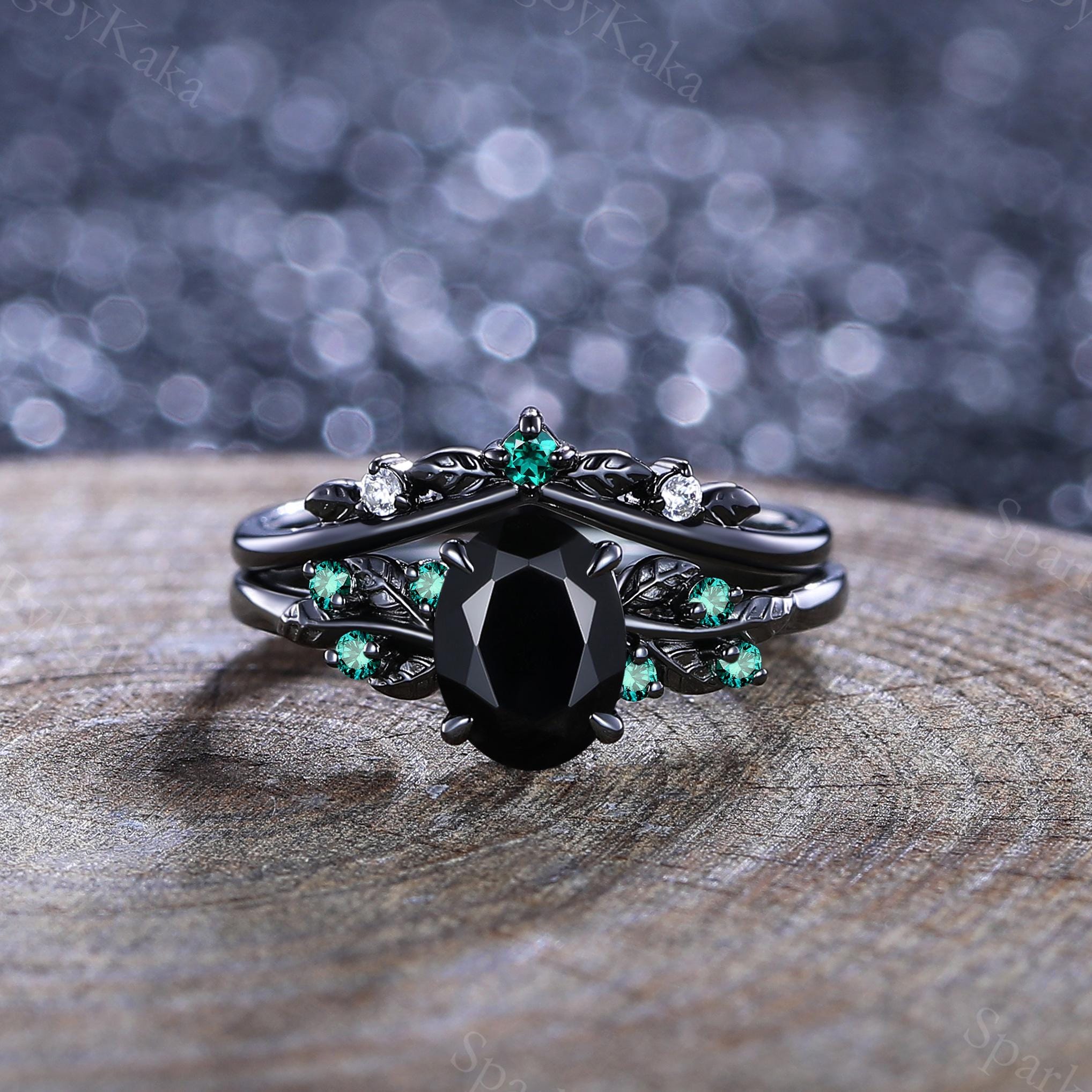 アスティエ　クリスマスオーナメント　ENGAGEMENT RING BLACK Black Onyx Engagement Ring Set, Emerald Leaf Sterling Silver