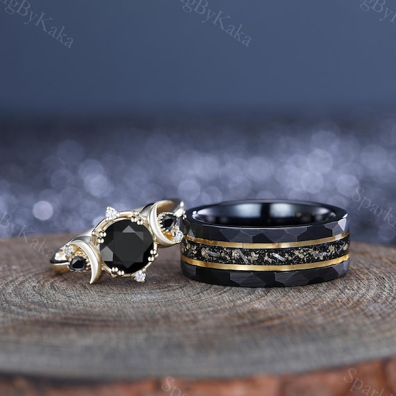 Gothic Black Onyx Wedding Ring Black Onyx Couple Ring Star Moon
