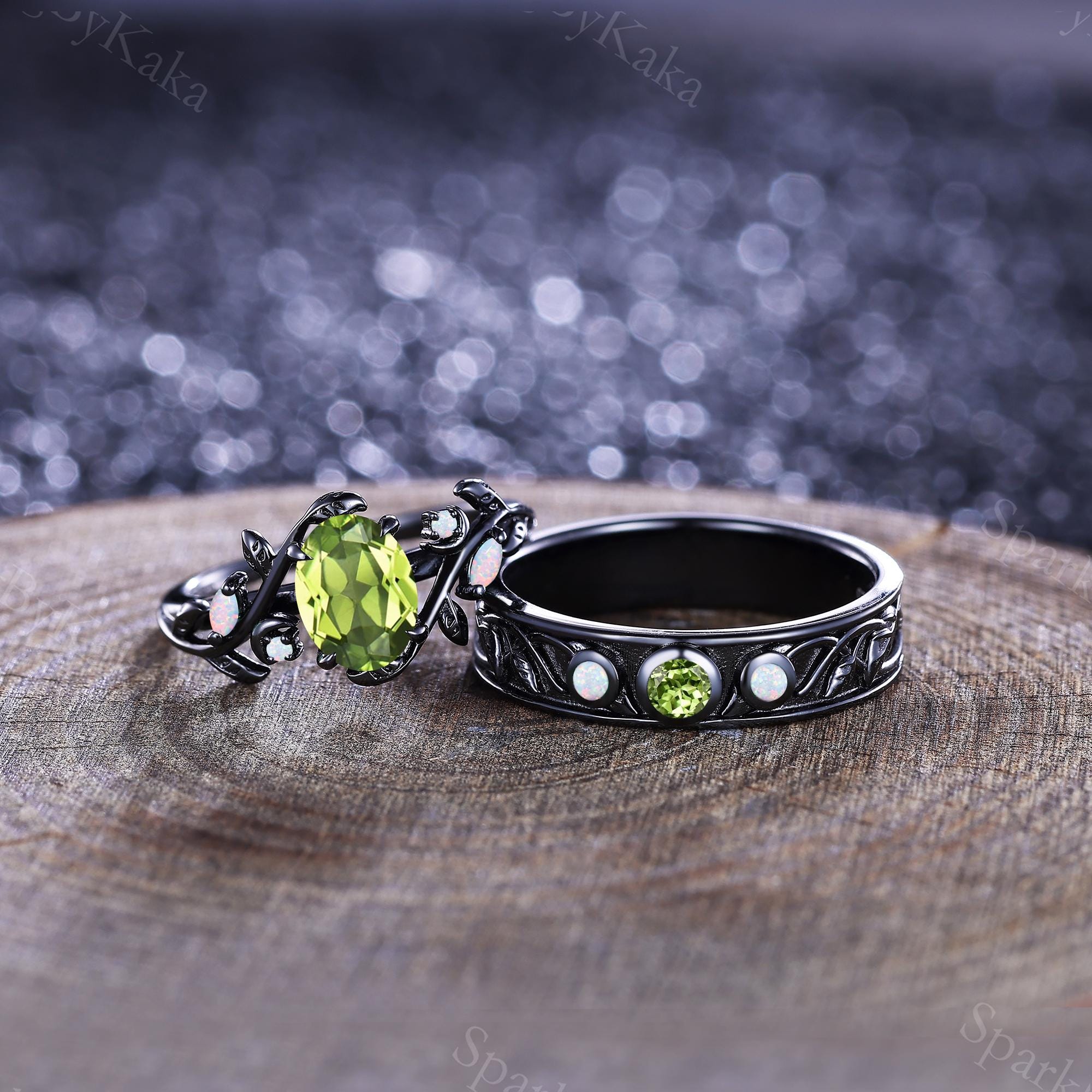 Peridot Opal Couple Ring Set - Leaf Vine Sterling Silver Wedding