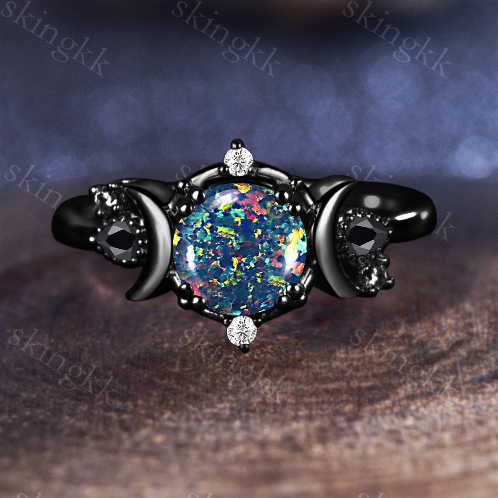 Star Moon Ring Natural Black Opal Ring 14K Black Gold Fire Opal Ring Black Fire Opal Ring Round Black Opal Ring October Birthstone Ring