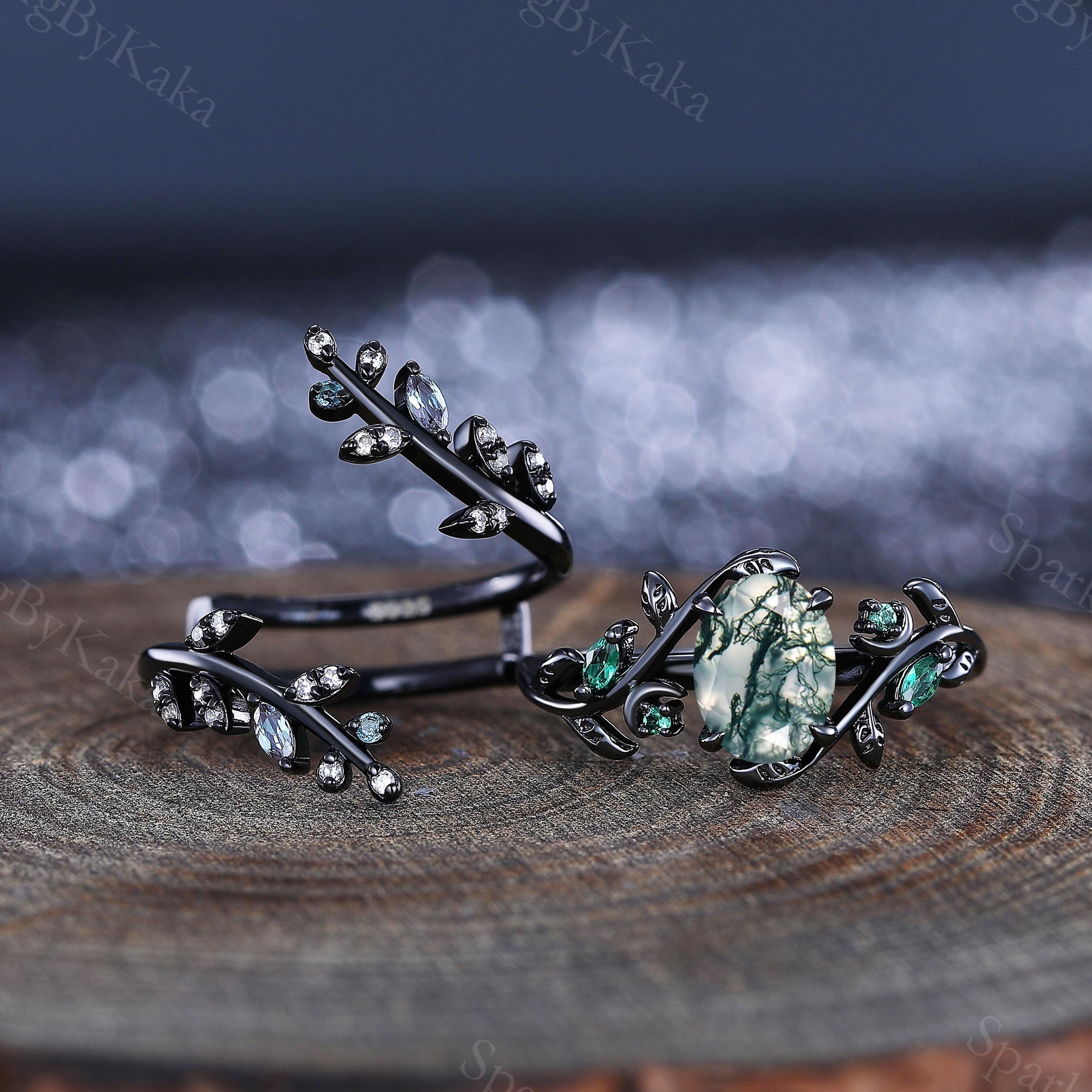 Gothic Oval Moss Agate Engagement Ring Set,Unique Black Gold Leaf Emerald Wedding Band Cluster Ring Women Bridal Ring Set Handmade Jewelry