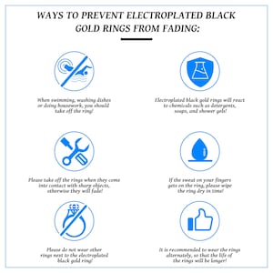 May include: Informational graphic with text: "WAYS TO PREVENT ELECTROPLATED BLACK GOLD RINGS FROM FADING." Includes tips such as removing rings when swimming or doing housework, and avoiding contact with chemicals.