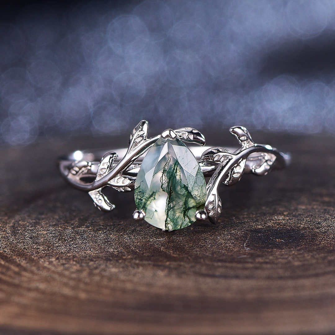 Moss Agate Ring Engagement Ring Leaf Ring Vintage & Delicate Ring Pear ...