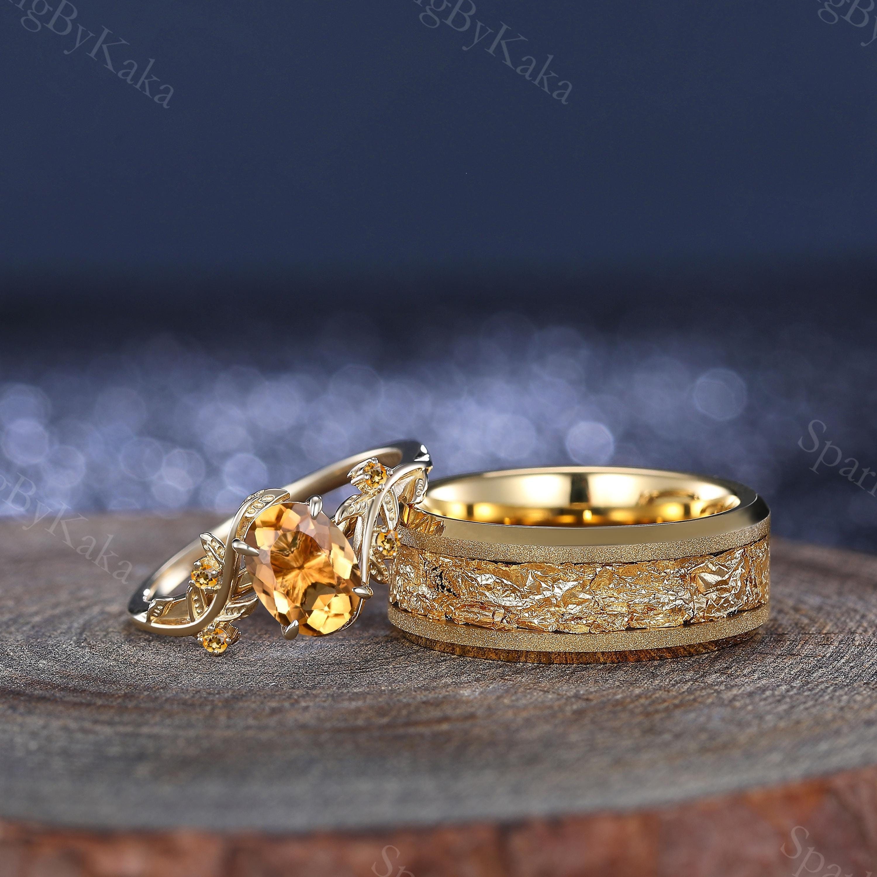 Handmade Citrine Engagement Ring Set, Tungsten Wedding Bands - Etsy